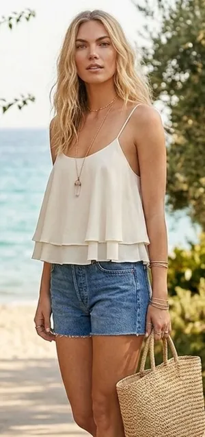 Free People Tropical Wave Tie-Back Layered Ruffle Crop Top | Cream - Small thumbnail 1