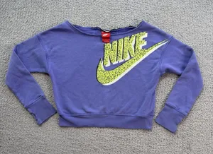 Nike Cropped Purple Graphic Logo Crewneck Sweatshirt Women's Medium Volt Gym thumbnail 1