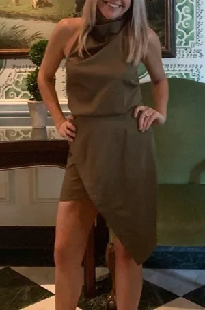 ELLIATT Camo Asymmetric Satin Cocktail Dress in Khaki Size Large thumbnail 13