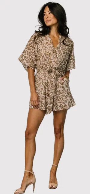NWT Baltic Born Romper Brown Connor Taupe Floral V Neck Short Sleeve Boho Medium thumbnail 1