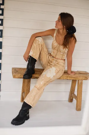 New Boutique Western Boho Button Fly Floral Jeans In Tan Combo Material: Cotton Size: 28 approx 15 inch flat and 28 inch Inseam thumbnail 1