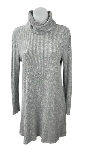 Neely Women's Gray Ribbed Knit Cowl Neck Long Sleeve Mini Tunic Sweater Dress M thumbnail 1