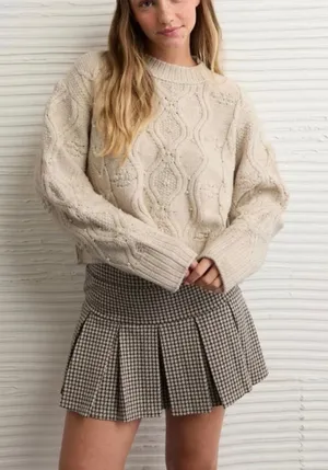 NWT AE Snow Stopper Sweater Size Large Cream Cable Knit Chunky NEW beads thumbnail 1