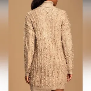 Lulus Snuggle Up To You Beige Turtleneck Knit Sweater Dress thumbnail 2