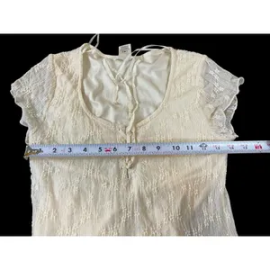 KIRIOUS Lace Up Midi Dress Cream Boho Sheer Lace Textured Slit Festival Beach S thumbnail 10