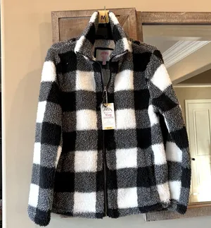 Sherpa Cozy Jacket Fluffy Zip Black White Buffalo Checkerboard Comfy Womens M thumbnail 13