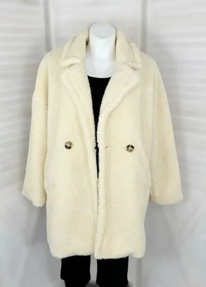 Pretty Little Thing Faux Sherpa Double Breasted Teddy Coat Cream 10 Borg‎ Lapel thumbnail 1