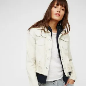 Free People Double Weave Denim Jacket Hoodie Distr thumbnail 3