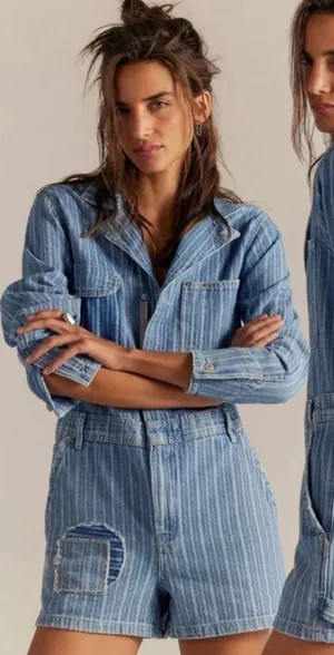 Free People Downtown Denim Railroad Patchwork Coveralls Romper Small Bohemian thumbnail 1