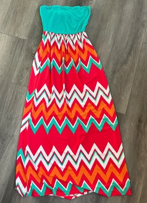 Gilli Turquoise Strapless Maxi Dress with Chevron Coral and Orange Accents Small thumbnail 1