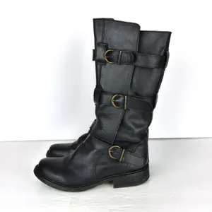 Steve Madden Buck Boots Womens 7.5 Black Leather Triple Buckle Moto Biker Y2K thumbnail 4