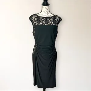 Ralph Lauren Black Lace‎ Sequin Illusion Sheath Dress 14 Ruched Cocktail Attire thumbnail 2