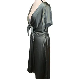 Baltic Born Poppy Satin Midi Dress Dark Sage Green V-Neck Peek Tie Front Size L thumbnail 8