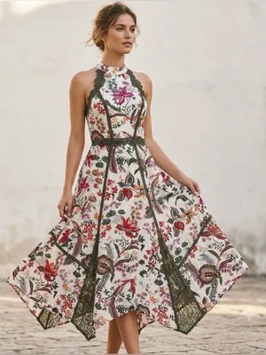 by Anthropologie Floral Lace-Trim Midi Dress in White with Red & Pink Blooms S-8 thumbnail 1