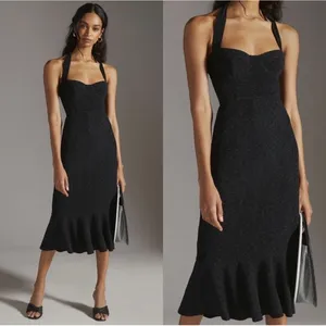 Anthropologie Hutch Black Textured Halter Midi Dress Flounce Hem thumbnail 2