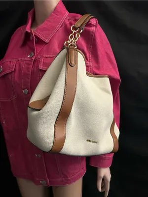 Nine West Cream Canvas Shoulder Tote Boho Bag with Brown Trim thumbnail 2