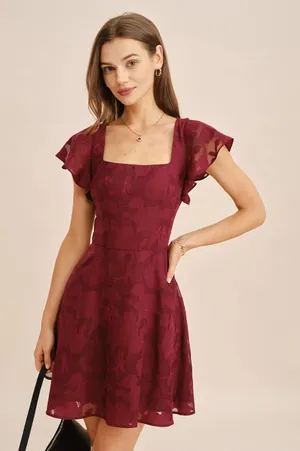 Rihoas Wine Red Square Neck Jacquard Mini Dress thumbnail 1