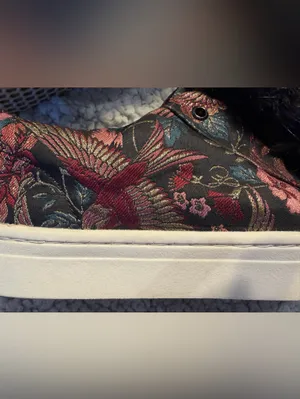 Sam Edelman Leya Faux-Fur Pom-Pom Slip-On Black Brocade Floral Platform Sneakers thumbnail 7