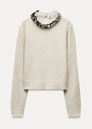 NWT Zara Beaded Collar Cropped Sweater in Cream Size Small alpaca wool thumbnail 1