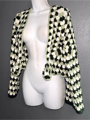 Handmade Crochet Granny Square Cardigan Tie Front Green Crop Top Small Medium thumbnail 4