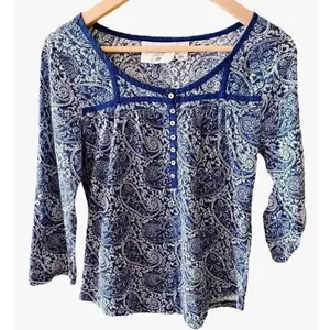 H& M Logg Roll-Up Long Sleeves Navy white Paisley Buttons Top M #1411 thumbnail 1