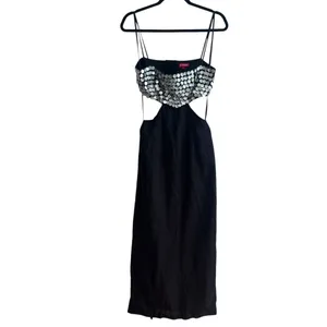 NEW NWT STAUD Jada Embellished Cutout Linen Maxi Dress In Black thumbnail 5