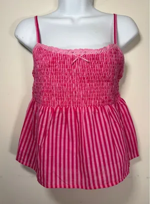 No Boundaries NWT Camisole Top Pink Striped Smocked Lace Trim Y2K Barbiecore Ethereal Small thumbnail 1
