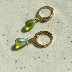 Handmade aurora olive green mini teardrop Czech glass simple minimalist earrings💚🫒💕 thumbnail 4