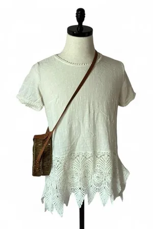 Solitaire Festival Boho Lace Hem Gauze‎ Blouse Womens M White Crochet Pom Top thumbnail 1
