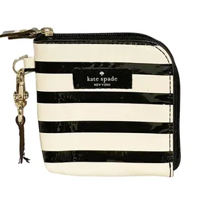 Kate Spade Mini Black White Stripe Patent Side Zip Card Holder Wallet thumbnail 1