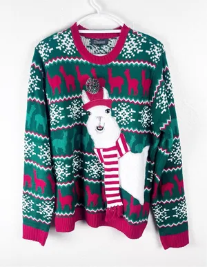 33 DEGREES Llama Scarf Pom Pom Hat Graphic Unisex Christmas Sweater Size Large thumbnail 1