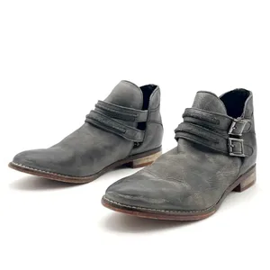Free People Braeburn Distressed Gray Leather Ankle Boots 37 Double Buckle Strap thumbnail 3
