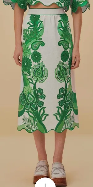 FARM RIO Women’s Midi Skirt White Green Floral Festival Linen Size Large thumbnail 1