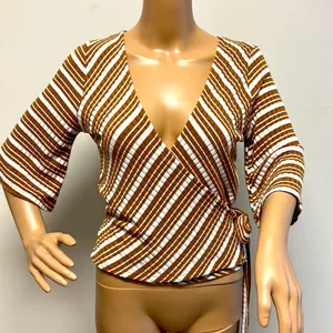 NWOT Socialite Brown & White Wrap Top diagonal stripes size S thumbnail 1