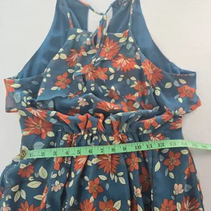 & Harmony Womens‎ Floral Maxi Dress Teal Orange Ruffle High Neck Slit Size Large thumbnail 7