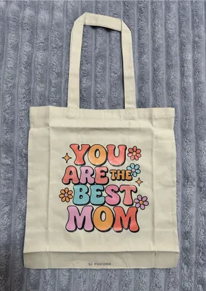 Cream Canvas Mom Tote with Retro Rainbow Text Pink thumbnail 1