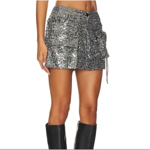 Steve Madden Evalina Sequin Cargo Mini Skirt Womens 2 Silver Glam Disco Party thumbnail 2