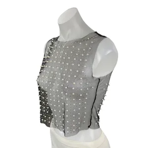 Women's Black Mesh Sheer Beaded Rhinestone Pearl Cami Tank Crop Top Size S thumbnail 3