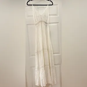 Lulu’s Light Breeze White Striped Crochet Lace Boho Tiered Maxi Dress Sz XS thumbnail 6