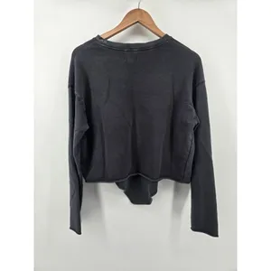 Aerie Sweatshirt Womens Medium Gray Cropped Asymmetrical Hem‎ Raw Edge Crew Neck thumbnail 3