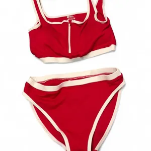red sporty bikini set ❤️🔥 contrast‎ trim two piece with zip front top thumbnail 3