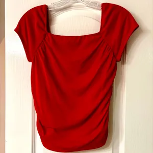 Elegant red square neck top with ruched side detail thumbnail 1
