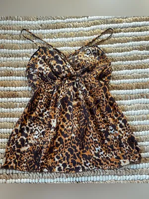Y2K Leopard Print Spaghetti Strap Babydoll Flowy Top with black lace trim I thumbnail 2