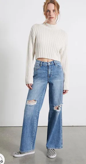 PacSun Light Blue Ripped Baggy Jeans in Medium Indigo thumbnail 1