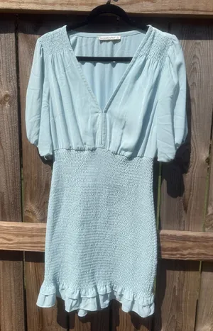 Abercrombie & Fitch Womens Smocked Mini Dress Light Blue V-Neck Ruffle Hem Large thumbnail 1
