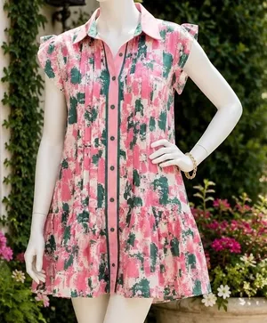 Entro Womens Mini Dress Pink Green Abstract Brushstroke Tiered Ruffle Large thumbnail 1