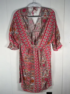 Elings Women’s XL Pink Boho Paisley Print V Neck Mini Dress thumbnail 1