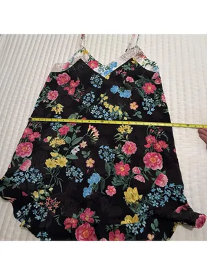 Betsey Johnson Chemise Slip Nightie L Large Black Multi Color Floral Ruffle Hem thumbnail 8
