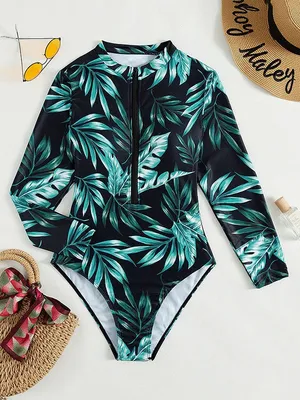 SHEIN Black One-Piece Rash Guard Swimsuit with Green Tropical Leaf Print thumbnail 1