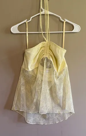 Love On A Hanger Yellow Floral Embroidered Mesh Halter Babydoll Top Medium thumbnail 1